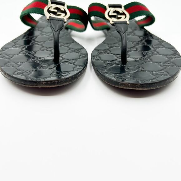 Gucci GG Web Stripe Flip Flop Sandal Black EU 37 US Women's 7 Flat Logo - Picture 11 of 14